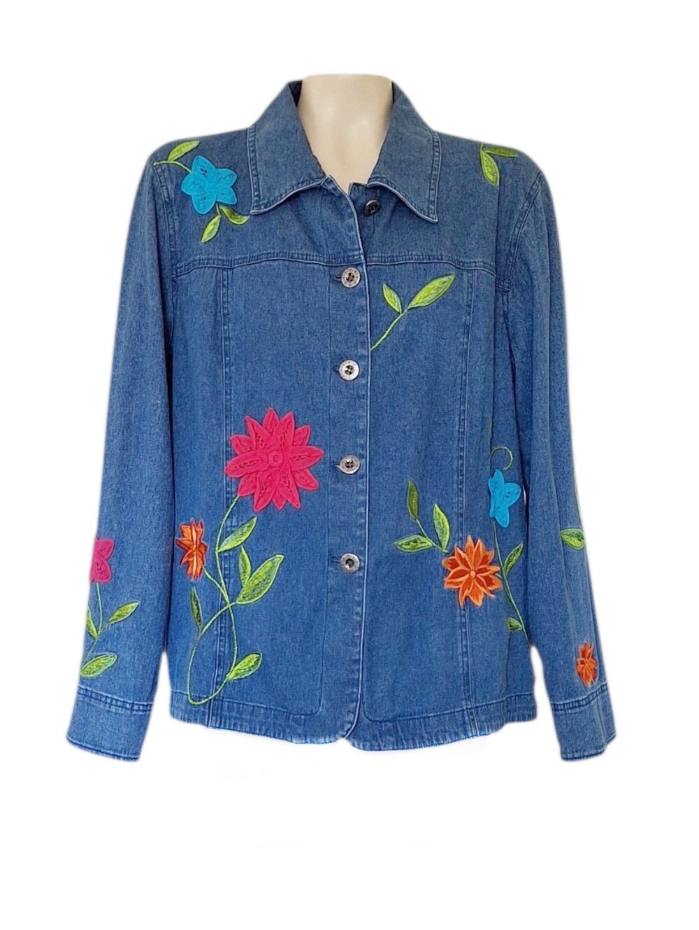 Susan Graver Embroidered Floral Denim Jacket Stretch Boho Colorful L